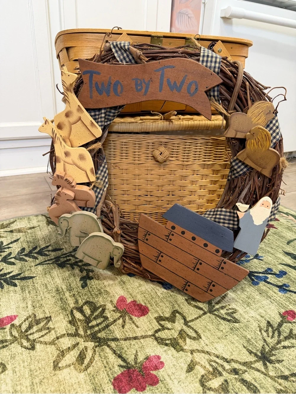 Vintage Noah’s Ark Nursery Wreath Handmade Wooden 3D Christianity Noah’s Ark